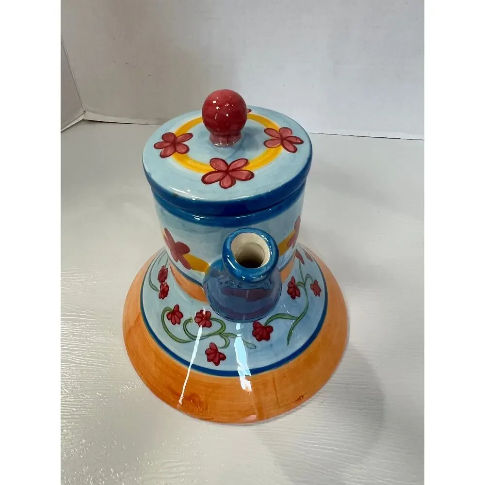 Vintage I Godinger & Co Floral Hand Painted Ceramic Teapot Blue Orange Whimsical